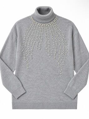 NWT - Saachi Turtleneck Pearl-Embellished Gray Sweater - Size O/S